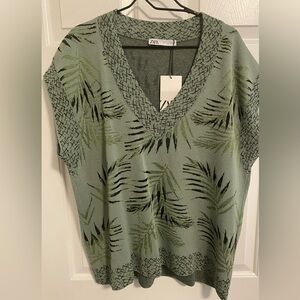NWT Zara Green Knit w/ Palm Branches and Metallic Threads Size M
